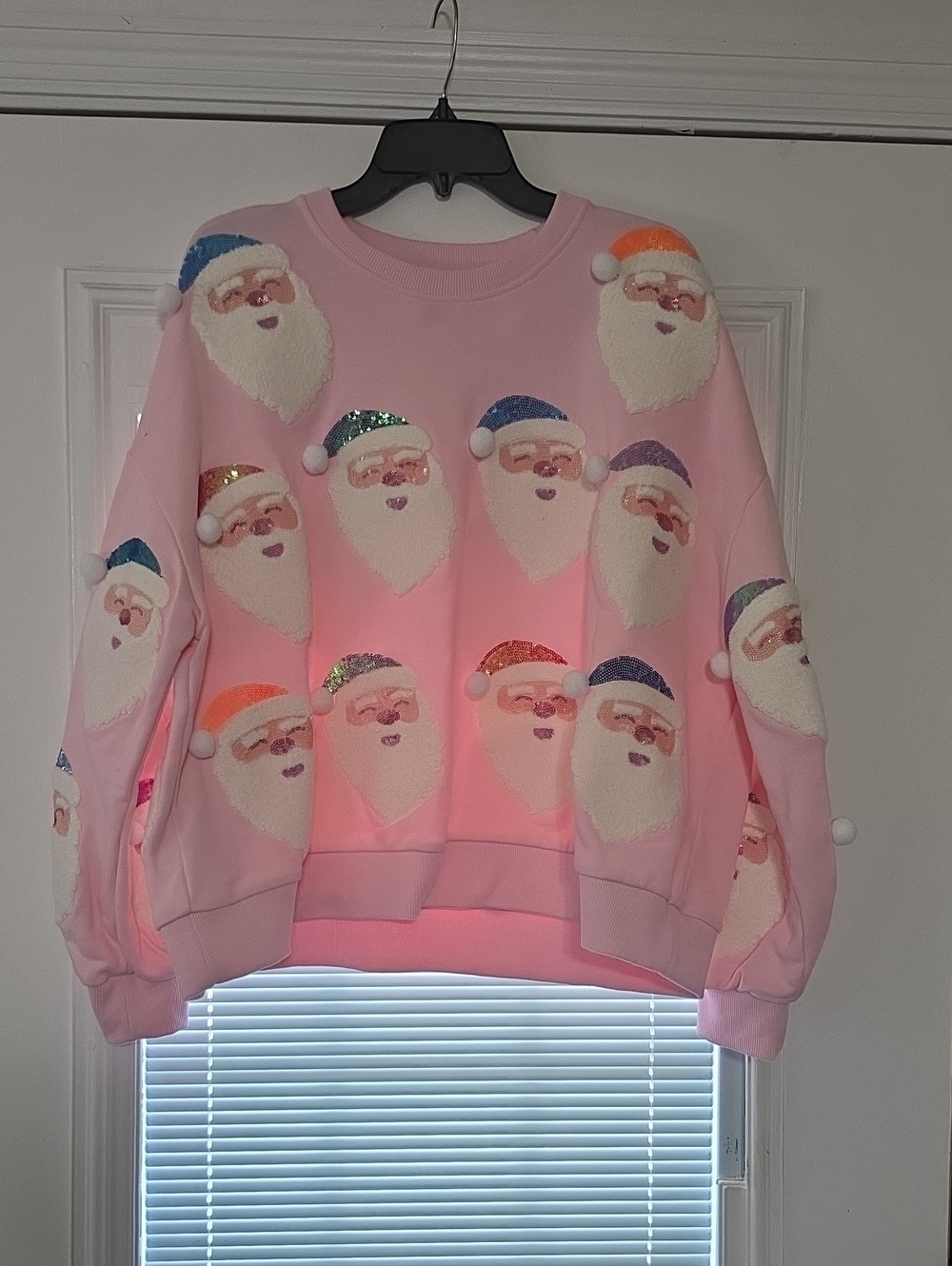 QUEEN OF SPARKLES Pink Santa Face Crewneck Sweater